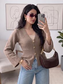 Solavon Women's Solid Color Long Sleeve Single-Breasted Casual Knit Cardigan Commuter , Fall - Khaki - View 2