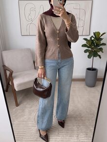 Solavon Women's Solid Color Long Sleeve Single-Breasted Casual Knit Cardigan Commuter , Fall - Khaki - View 4