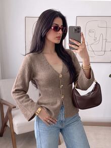 Solavon Women's Solid Color Long Sleeve Single-Breasted Casual Knit Cardigan Commuter , Fall - Khaki - View 5