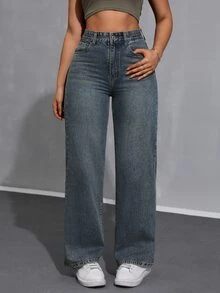 SHEIN ICON Women's Loose Fit Casual Denim Wide Leg Pants With Pockets - Dark Wash - View 3