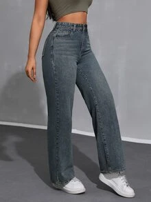 SHEIN ICON Women's Loose Fit Casual Denim Wide Leg Pants With Pockets - Dark Wash - View 5