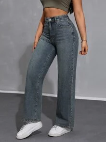 SHEIN ICON Women's Loose Fit Casual Denim Wide Leg Pants With Pockets - Dark Wash - View 4