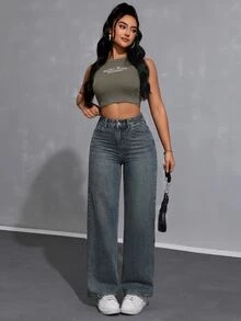 SHEIN ICON Women's Loose Fit Casual Denim Wide Leg Pants With Pockets - Dark Wash - View 1