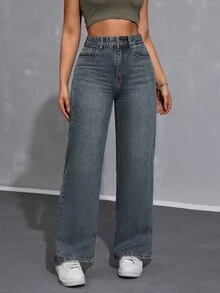 SHEIN ICON Women's Loose Fit Casual Denim Wide Leg Pants With Pockets - Dark Wash - View 6