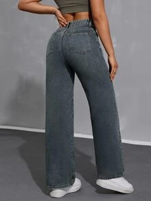 SHEIN ICON Women's Loose Fit Casual Denim Wide Leg Pants With Pockets - Dark Wash - View 2