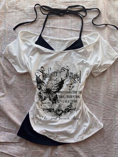 Attitoon レディース カジュアル ヴィンテージ Vネック ホルターネック リボン付き カラーブロック 半袖Tシャツ 夏向け
