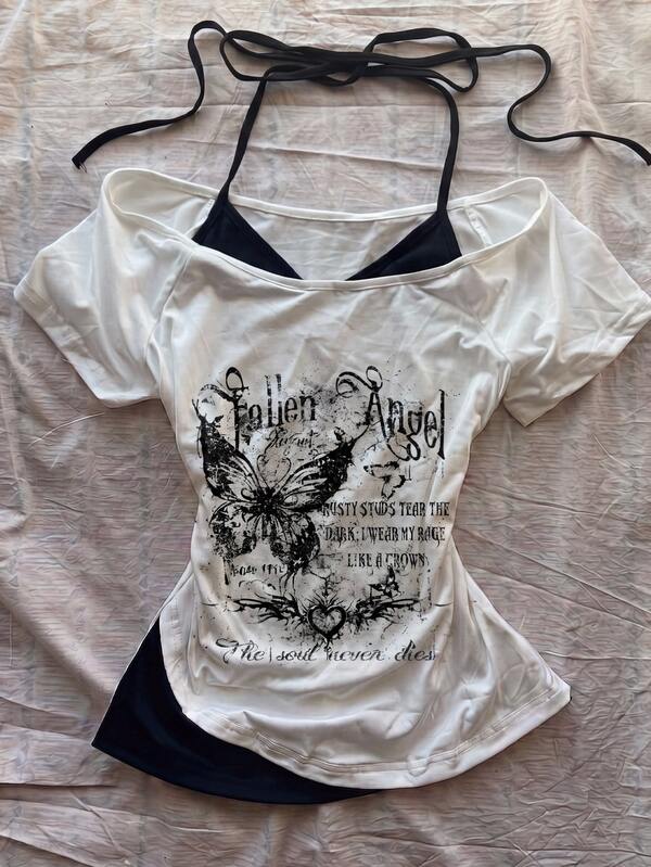 Attitoon Kaos Wanita Kasual Vintage Leher V Model Halter dengan Ikatan Warna Blok, Cocok untuk Musim Panas