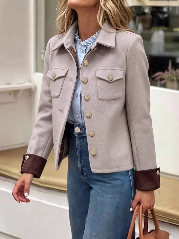 Balvessa Vintage Fashion Satin & Wool Blend Patchwork Classic Elegant Navy Style Jacket, Commuter Versatile Premium Wool Coat For Women