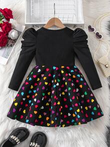 SHEIN Young Girl Knit Solid Color Round Neck Gigot Sleeve Patchwork Heart Pattern Hem Casual Dress - Black - View 3