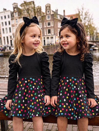 SHEIN Young Girl Knit Solid Color Round Neck Gigot Sleeve Patchwork Heart Pattern Hem Casual Dress
