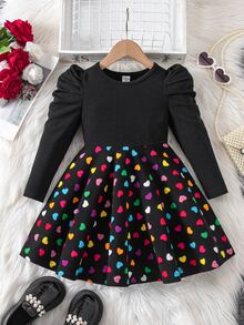 SHEIN Young Girl Knit Solid Color Round Neck Gigot Sleeve Patchwork Heart Pattern Hem Casual Dress - Black - View 2