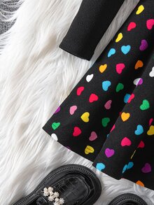 SHEIN Young Girl Knit Solid Color Round Neck Gigot Sleeve Patchwork Heart Pattern Hem Casual Dress - Black - View 6