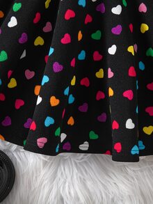 SHEIN Young Girl Knit Solid Color Round Neck Gigot Sleeve Patchwork Heart Pattern Hem Casual Dress - Black - View 7
