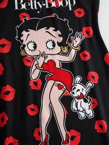 Betty Boop x SHEIN Plus Size Red Lips Cartoon Print Spaghetti Strap Nightgown - Black - View 4