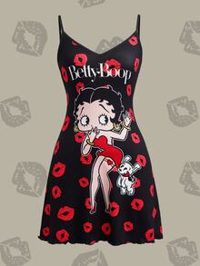 Betty Boop x SHEIN Plus Size Red Lips Cartoon Print Spaghetti Strap Nightgown - Black - View 1