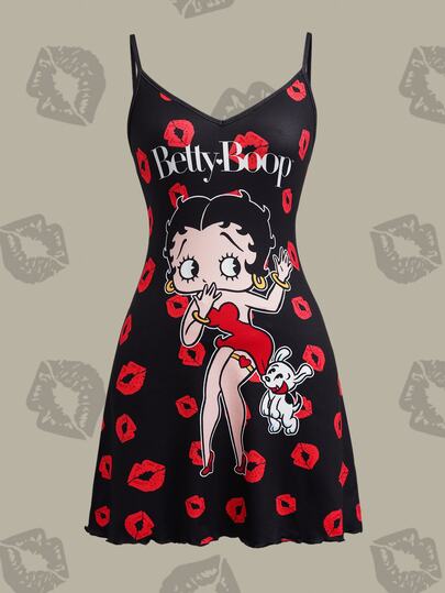 Betty Boop x SHEIN Camisón de Talla Grande con Estampado de Labios Rojos de Dibujos Animados y Tirantes de Espagueti