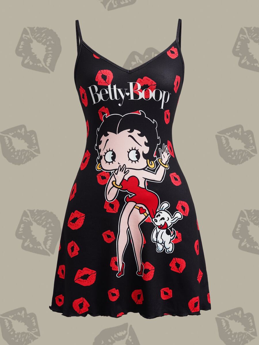 Betty Boop x SHEIN Plus Size Red Lips Cartoon Print Spaghetti Strap Nightgown - Black - View 1