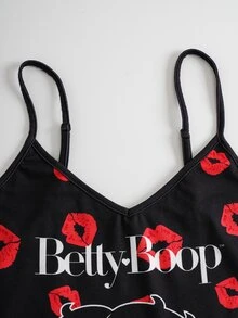 Betty Boop x SHEIN Plus Size Red Lips Cartoon Print Spaghetti Strap Nightgown - Black - View 3