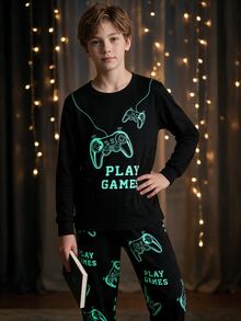 2件組貼身青少年男孩發光遊戲控制器圖案長袖睡衣套裝，黑色，秋冬款，節日發光 - 黑色 - 查看 1