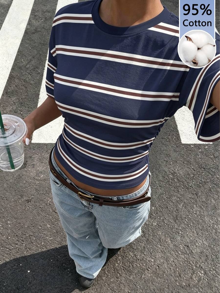 Muchica 女款夏季新款海軍藍與白色收腰短袖T恤 休閒沿海熱帶風 時尚現代都市商務辦公旅行度假穿著 低調 - 彩色 - 查看 1