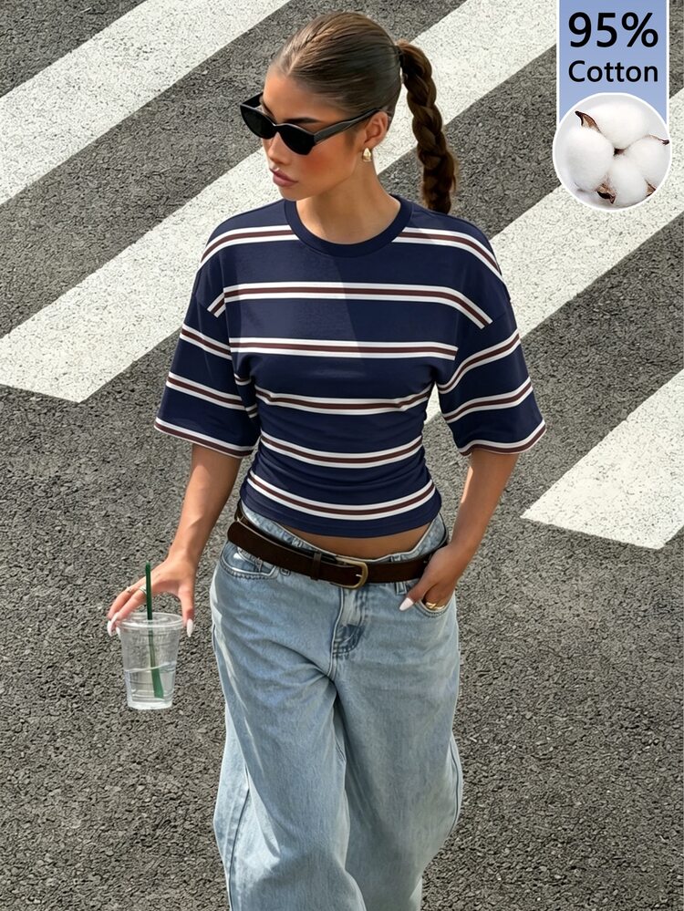 Muchica Women's Summer New Striped Waist Short Sleeve T-Shirt Casual Fashion Modern Urban Fashion Business Casual Office Wear Low-Key Old Money Style Elegant - Multicolor - View 6
