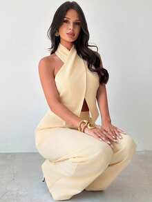 Firerie Women's Elegant Commute & Casual Matching New Fashion Vacation Linen Criss-Cross Sleeveless Tank Top And High Waist Long Pants Khaki 2 Pieces Set - Light Yellow - View 6