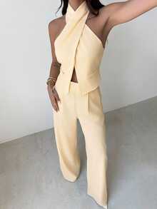 Firerie Women's Elegant Commute & Casual Matching New Fashion Vacation Linen Criss-Cross Sleeveless Tank Top And High Waist Long Pants Khaki 2 Pieces Set - Light Yellow - View 5