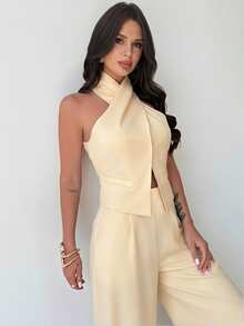 Firerie Women's Elegant Commute & Casual Matching New Fashion Vacation Linen Criss-Cross Sleeveless Tank Top And High Waist Long Pants Khaki 2 Pieces Set - Light Yellow - View 2