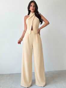 Firerie Women's Elegant Commute & Casual Matching New Fashion Vacation Linen Criss-Cross Sleeveless Tank Top And High Waist Long Pants Khaki 2 Pieces Set - Light Yellow - View 1