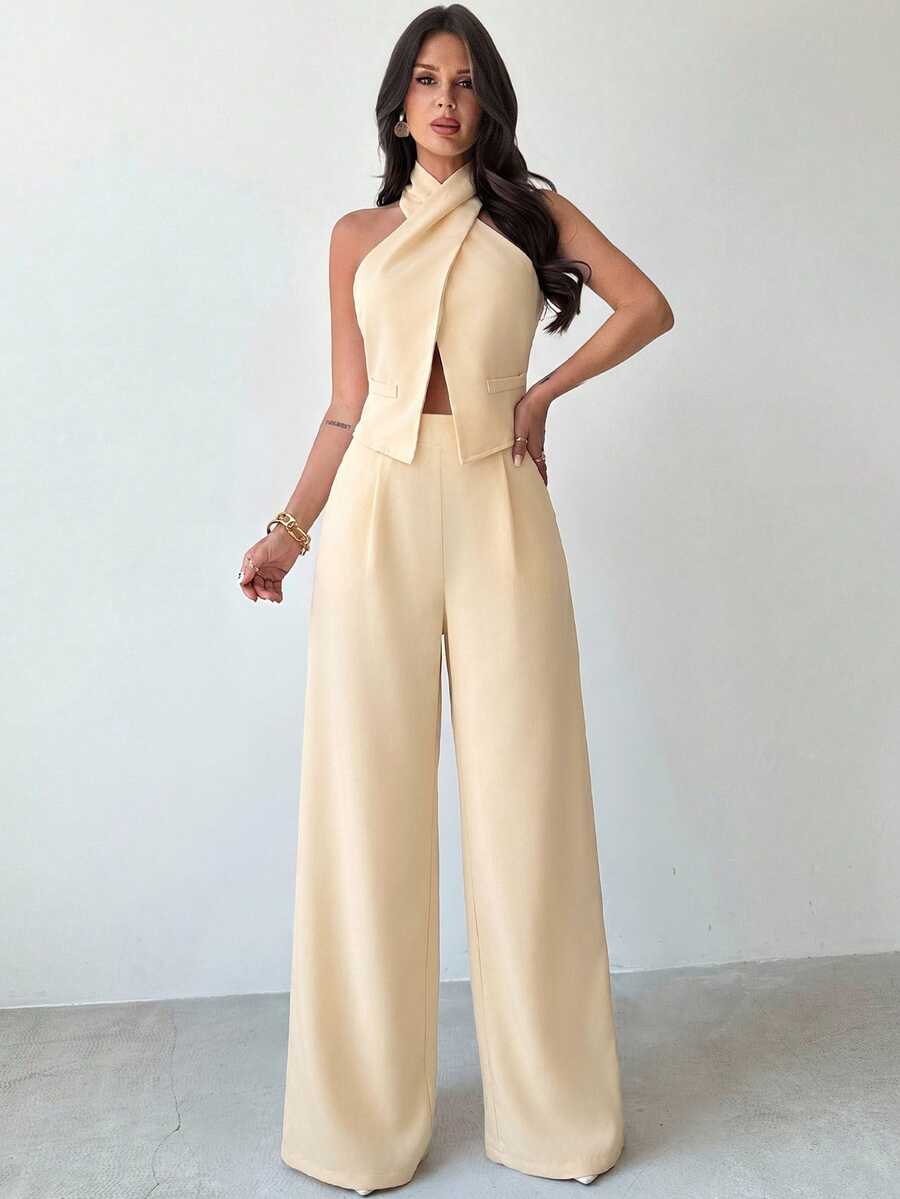 Firerie Women's Elegant Commute & Casual Matching New Fashion Vacation Linen Criss-Cross Sleeveless Tank Top And High Waist Long Pants Khaki 2 Pieces Set - Light Yellow - View 1