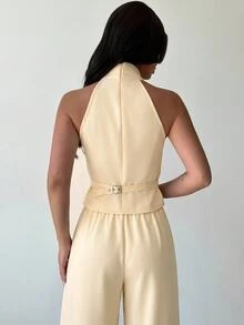 Firerie Women's Elegant Commute & Casual Matching New Fashion Vacation Linen Criss-Cross Sleeveless Tank Top And High Waist Long Pants Khaki 2 Pieces Set - Light Yellow - View 3