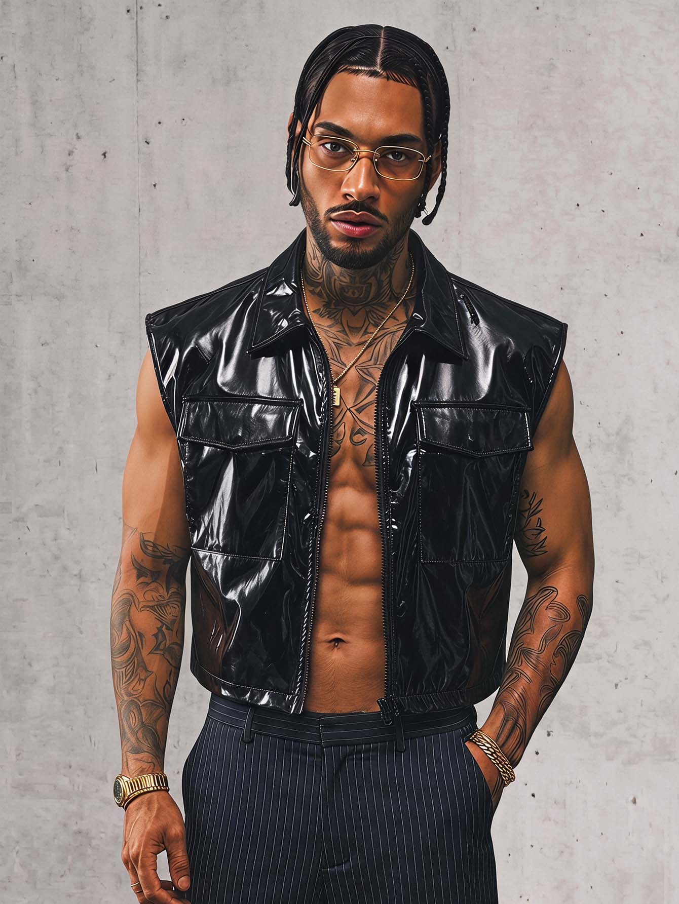 FeverCity Men's Solid Color PU Leather Casual Vest With Pockets, Fall Winter - Black - View 1