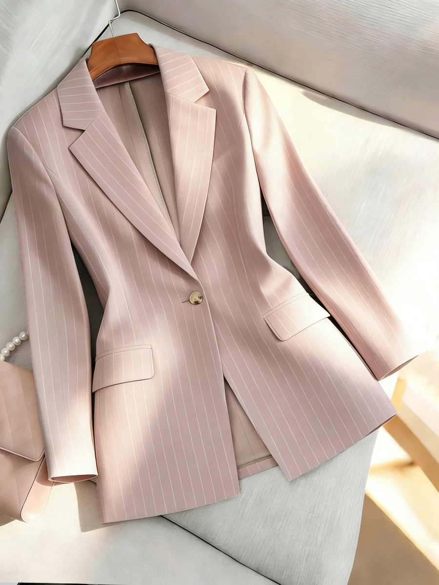 GlowEve CURVE Plus Size Women's Elegant Pink Striped Textured Fabric Blazer, Commute Elegant - Pink - View 1