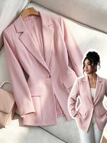 GlowEve CURVE Blazer Wanita Ukuran Plus Elegan dengan Motif Garis-Garis Pink dan Tekstur, Cocok untuk Perjalanan Sehari-hari - Berwarna merah muda - View 1