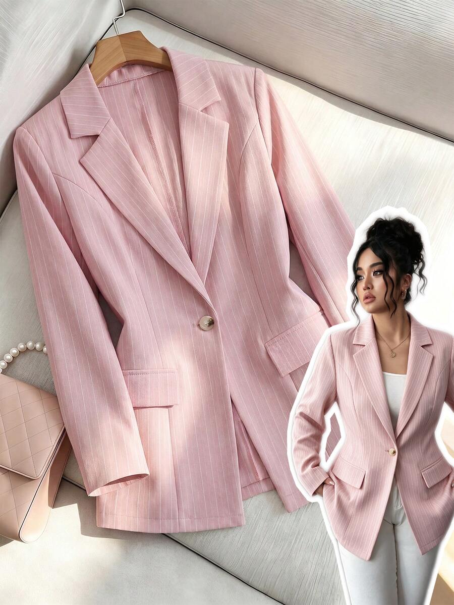 GlowEve CURVE Blazer Wanita Ukuran Plus Elegan dengan Motif Garis-Garis Pink dan Tekstur, Cocok untuk Perjalanan Sehari-hari - Berwarna merah muda - View 1