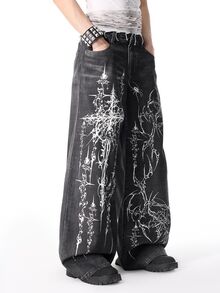 ROMWE MEN Street Life Men's Dark Gothic Thorn Jeans - Black - View 4