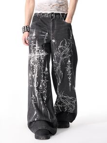 ROMWE MEN Street Life Men's Dark Gothic Thorn Jeans - Black - View 5