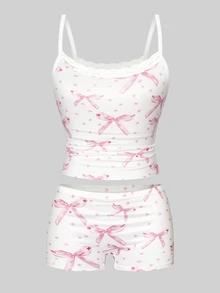 1 Set Tween Girl Pink And White Polka Dot Print Underwear Set, Cute Winter Nighties With Bow Lace Trim Top And Boxer Briefs, Soft Knit Base Layer - Multicolor - View 3