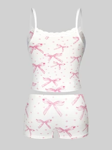 1 Set Tween Girl Pink And White Polka Dot Print Underwear Set, Cute Winter Nighties With Bow Lace Trim Top And Boxer Briefs, Soft Knit Base Layer - Multicolor - View 2
