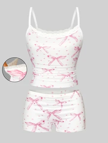 1 Set Tween Girl Pink And White Polka Dot Print Underwear Set, Cute Winter Nighties With Bow Lace Trim Top And Boxer Briefs, Soft Knit Base Layer - Multicolor - View 4