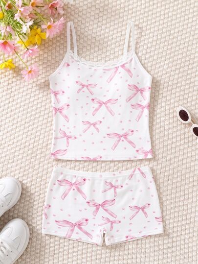 1 Set Tween Girl Pink And White Polka Dot Print Underwear Set, Cute Winter Nighties With Bow Lace Trim Top And Boxer Briefs, Soft Knit Base Layer