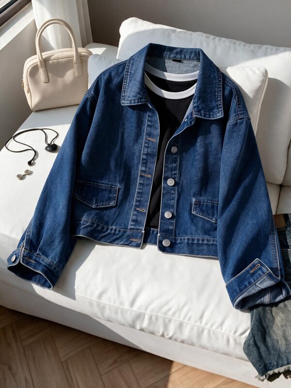 Jaket Denim Pendek Lengan Panjang Tipis untuk Anak Perempuan, Serbaguna, Nyaman, Kasual, Liburan, Modis, Lembut, Bertekstur, Gaya Jalanan, Perjalanan Sehari-hari, Longgar, Tidak Melar, Cocok untuk Musim Semi dan Gugur.