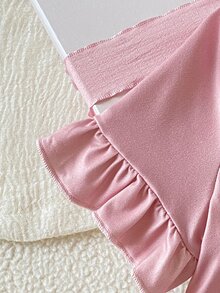 SHEIN 2件組女童幼兒可愛簡約粉色荷葉邊袖口褲腳開口裝飾左胸櫻桃印花鈕扣短袖短褲休閒舒適阻燃雙面刷毛面料居家服 - 粉色 - 查看 6