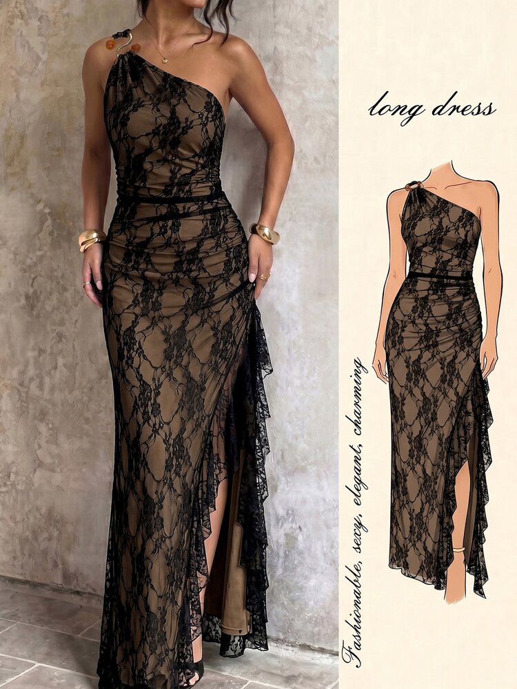 Allurite Women's Brown Knit Mesh One-Shoulder Dress With Metal Buckle, High Slit, Ruffle Hem, Elegant,Wedding Bridesmaid Dress, For Various Occasions Summer - Black - View 1