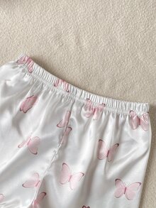 女童粉色蝴蝶结印花翻领短袖短裤套装，阻燃家居服 - 白色 - 查看 7