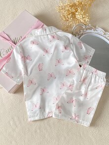 女童粉色蝴蝶结印花翻领短袖短裤套装，阻燃家居服 - 白色 - 查看 3