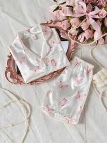 女童粉色蝴蝶结印花翻领短袖短裤套装，阻燃家居服 - 白色 - 查看 2