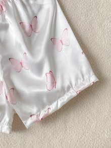女童粉色蝴蝶结印花翻领短袖短裤套装，阻燃家居服 - 白色 - 查看 9