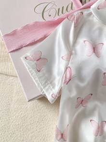 女童粉色蝴蝶结印花翻领短袖短裤套装，阻燃家居服 - 白色 - 查看 5