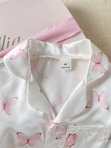 女童粉色蝴蝶结印花翻领短袖短裤套装，阻燃家居服 - 白色 - 查看 6
